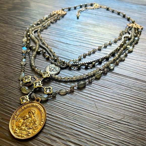 Hand Crafted Jewelry - Sold💎cross chain layered necklace labradorite gold silver gunmetal coin pendent